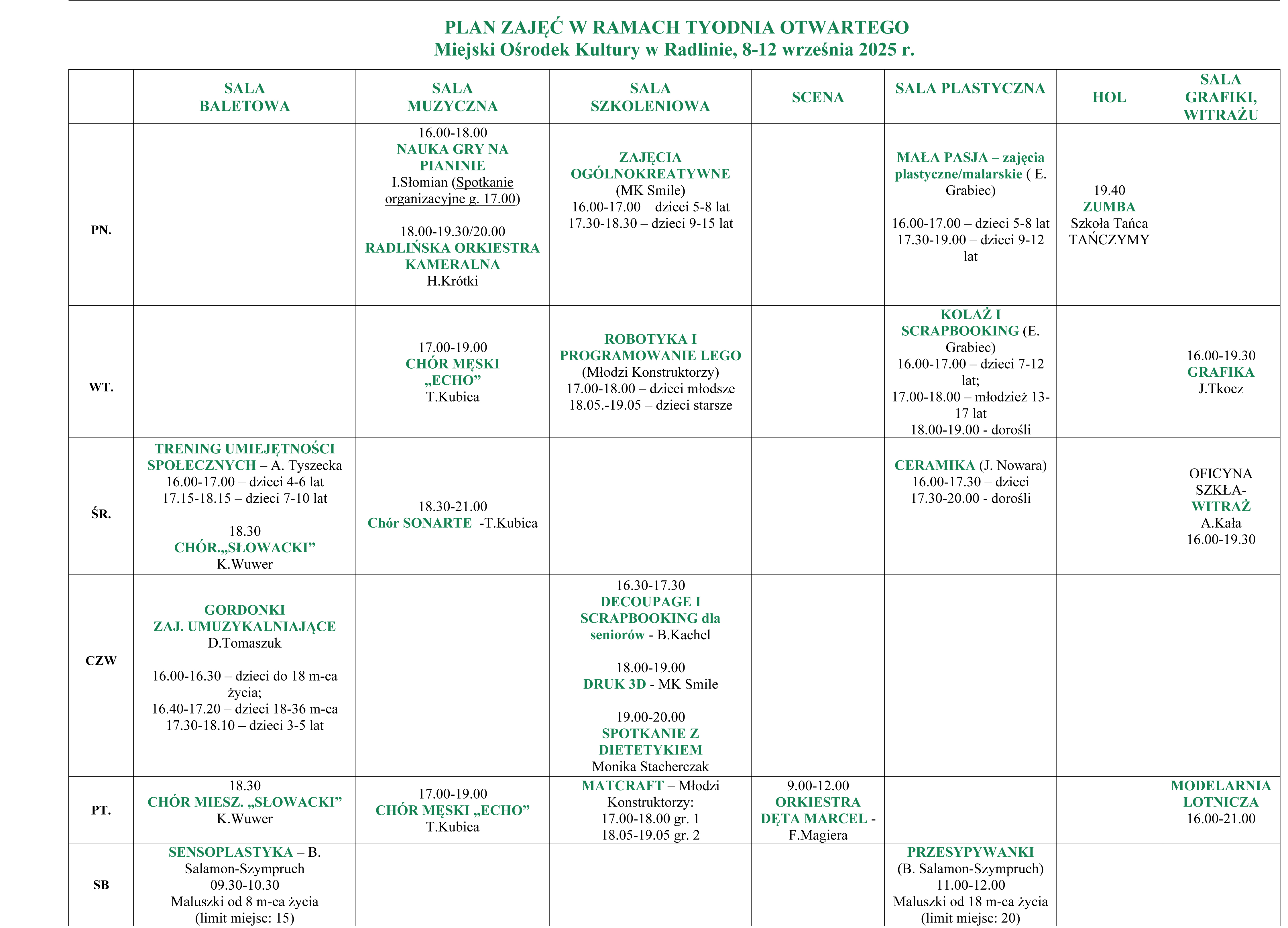 Harmonogram zajeć otwartych