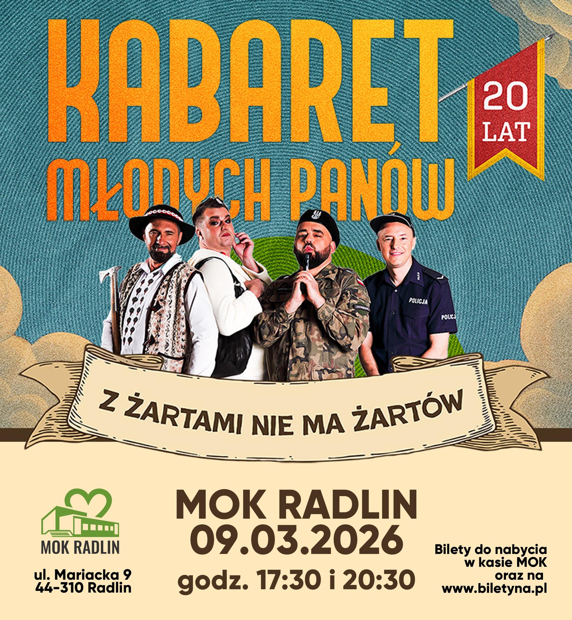 Plakat Kabaret Młodych Pan&oacute;w - nowy program: 20 lecie - Z żartami nie ma żart&oacute;w